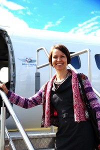 Ann-Sofie Hörlin, Hållbarhetschef på Braathens Aviation var givetvis med på bolagets första flygning på biobränsle. (malmoaviation.se)