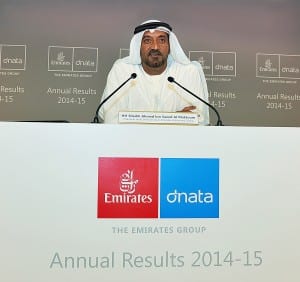H.H. Sheikh Ahmed bin Saeed Al Maktoum - toppsjefen i Emirates, legger frem årsresultatet for 2014/15 (EK)