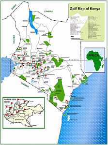 Kart over golfbaner i Kenya. Link til en større versjon av kartet finnes under artikelen (KTB)