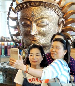 EN RASK SELFIE: Med solguden Surya som bakgrunn i Indira Gandhi International Airport.