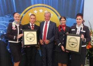 Norwegian CEO Bjørn Kjos and LGW crewmembers accepted the Skytrax awards earlier today at the Farnborough Air Show. (NAS/Skytrax)