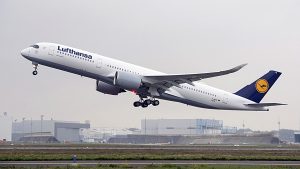 German flag carrier Lufthansa’s first A350-900 jetliner — which has 293 seats in a three-class configuration — takes off for its milestone maiden flight in November 2016 (Photo: Â© A. Doumenjou/master films)