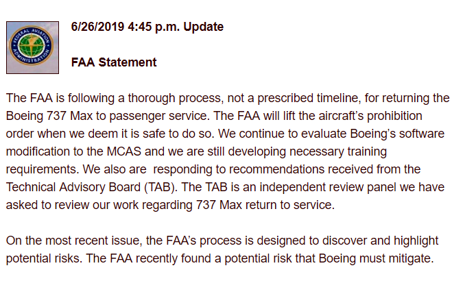 Boeing 737MAX - FAA - 26. juni 2019 