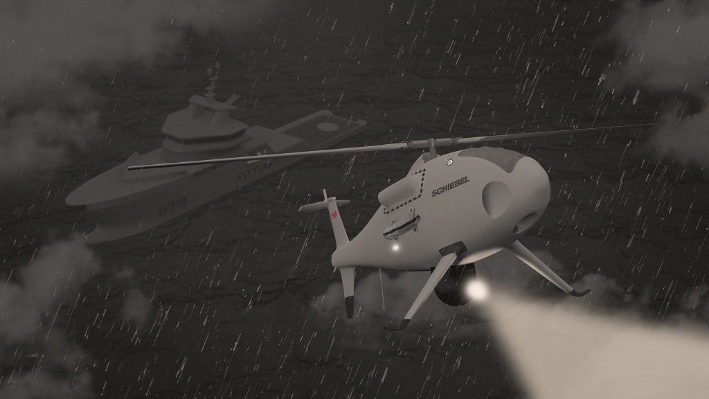 Illustrasjon av helikopterdrone som deltar i operasjon sammen med et skip fra KV.