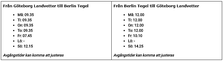 BRA - Rutetabell - Landvetter - Berlin Tegel -2020
