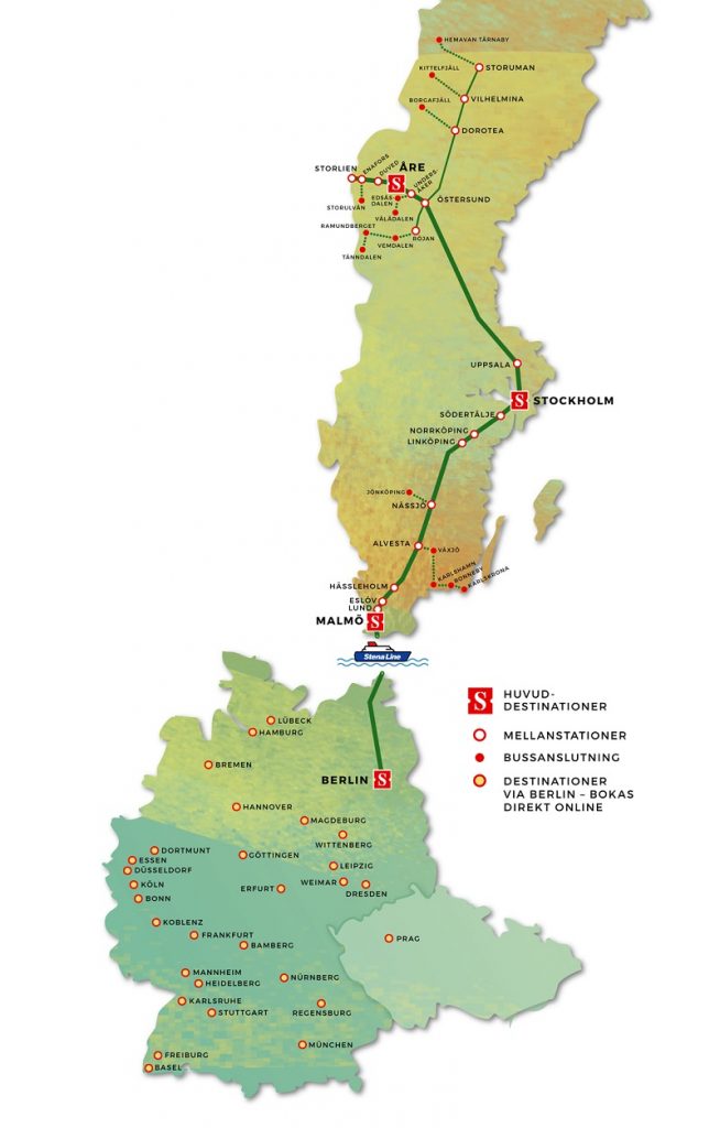 Rutekart - Snälltåget - Berlin - Malmø - Stockholm - Åre - Storuman
