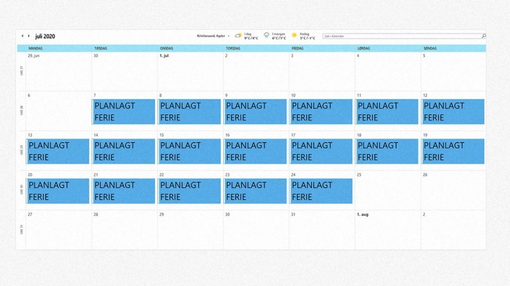 Arbeidstilsynet - Oversikt - kalender - ferieplanlegging