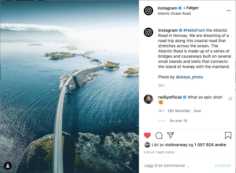 Skjermbilde Atlanterhavsveien - Instagram - 2020