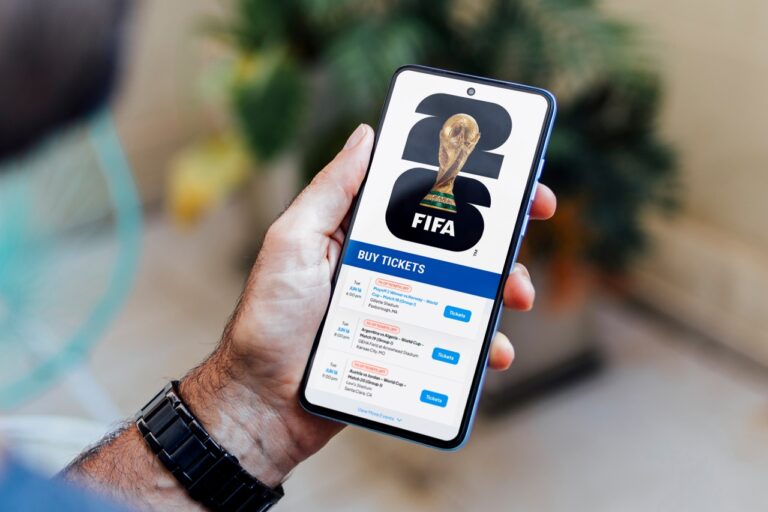 Rosario, Argentina - February 21, 2026: FIFA World Cup 2026 on a phone screen. Soccer, Football. World Cup match ticket sales on a website.